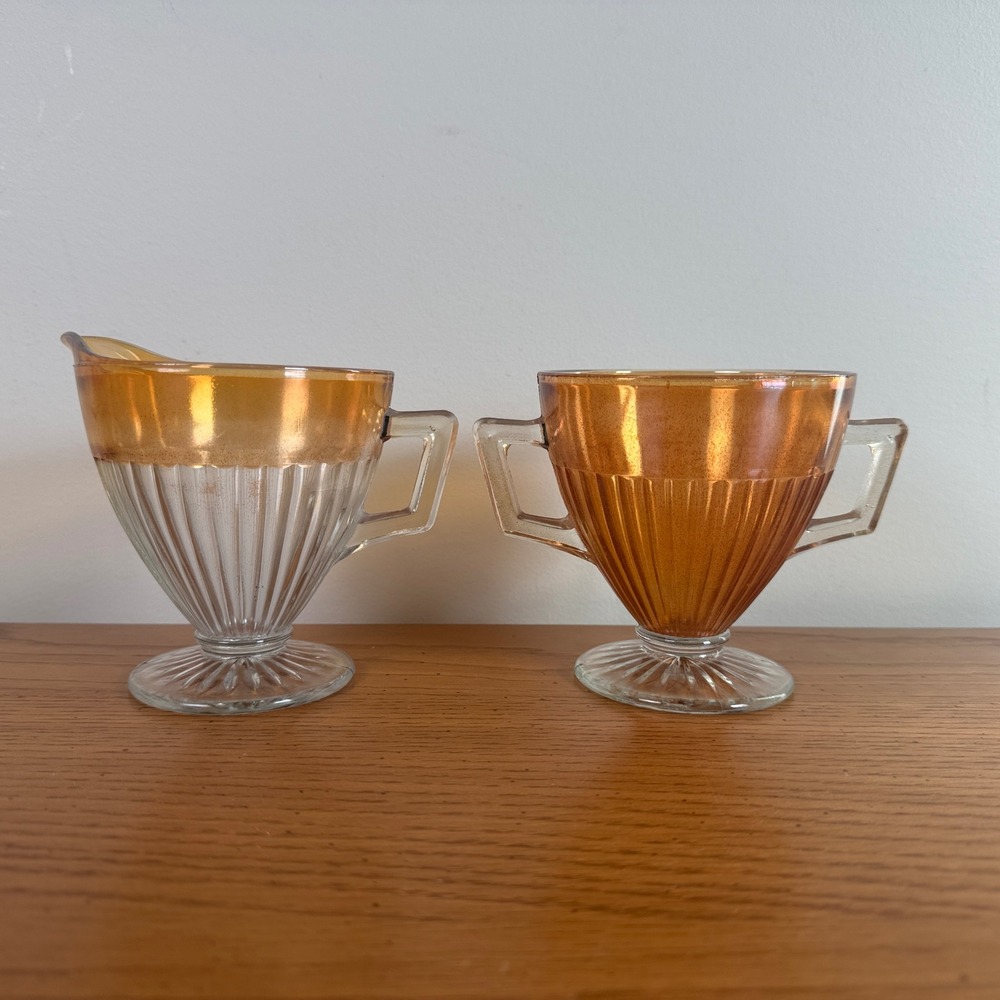 Vintage Amber Iridescent Glass‎ Creamer and Sugar Bowl Set Fluted Base